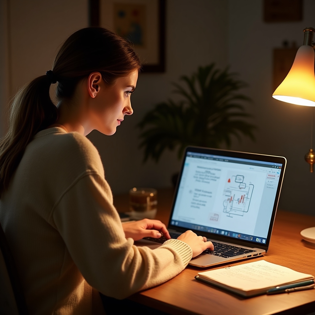 Persoană parcurgând materiale de educație financiară pe laptop