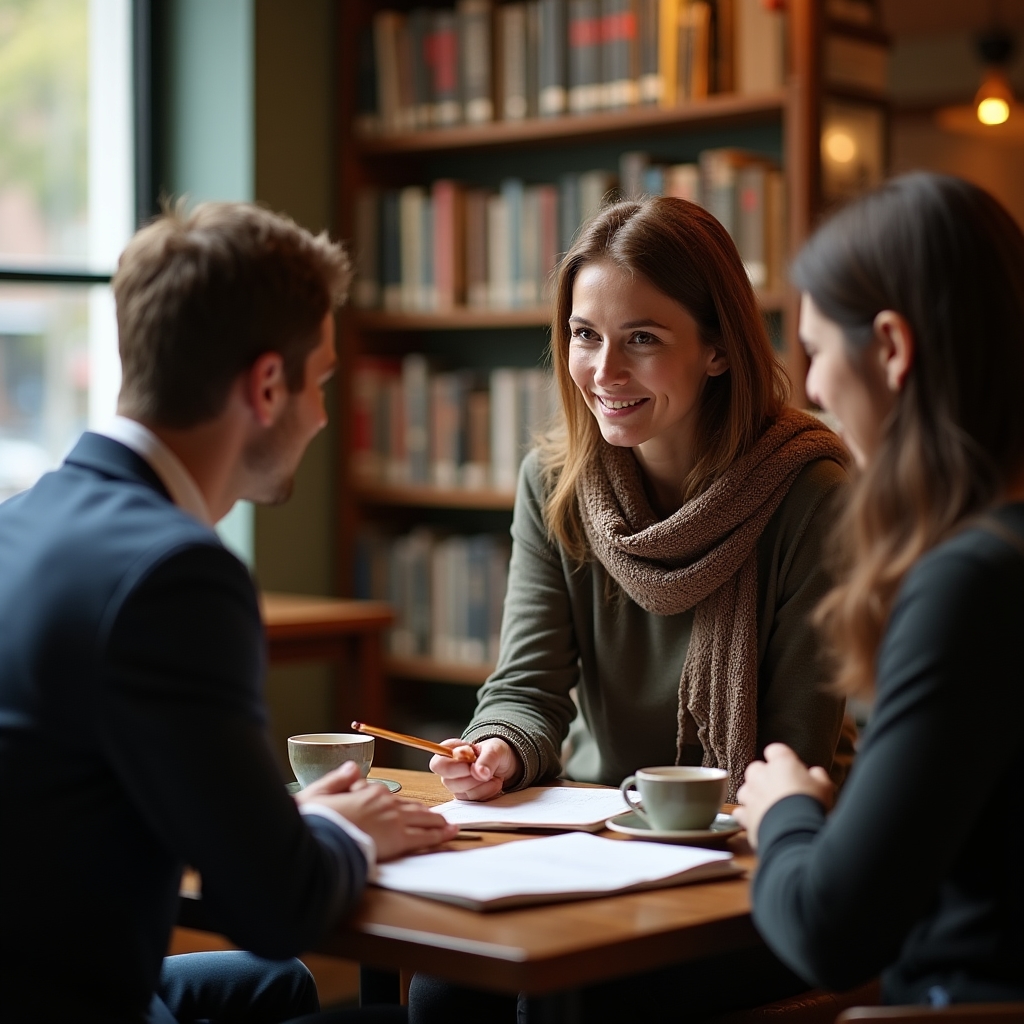 Două persoane discutând despre educație financiară la o cafea